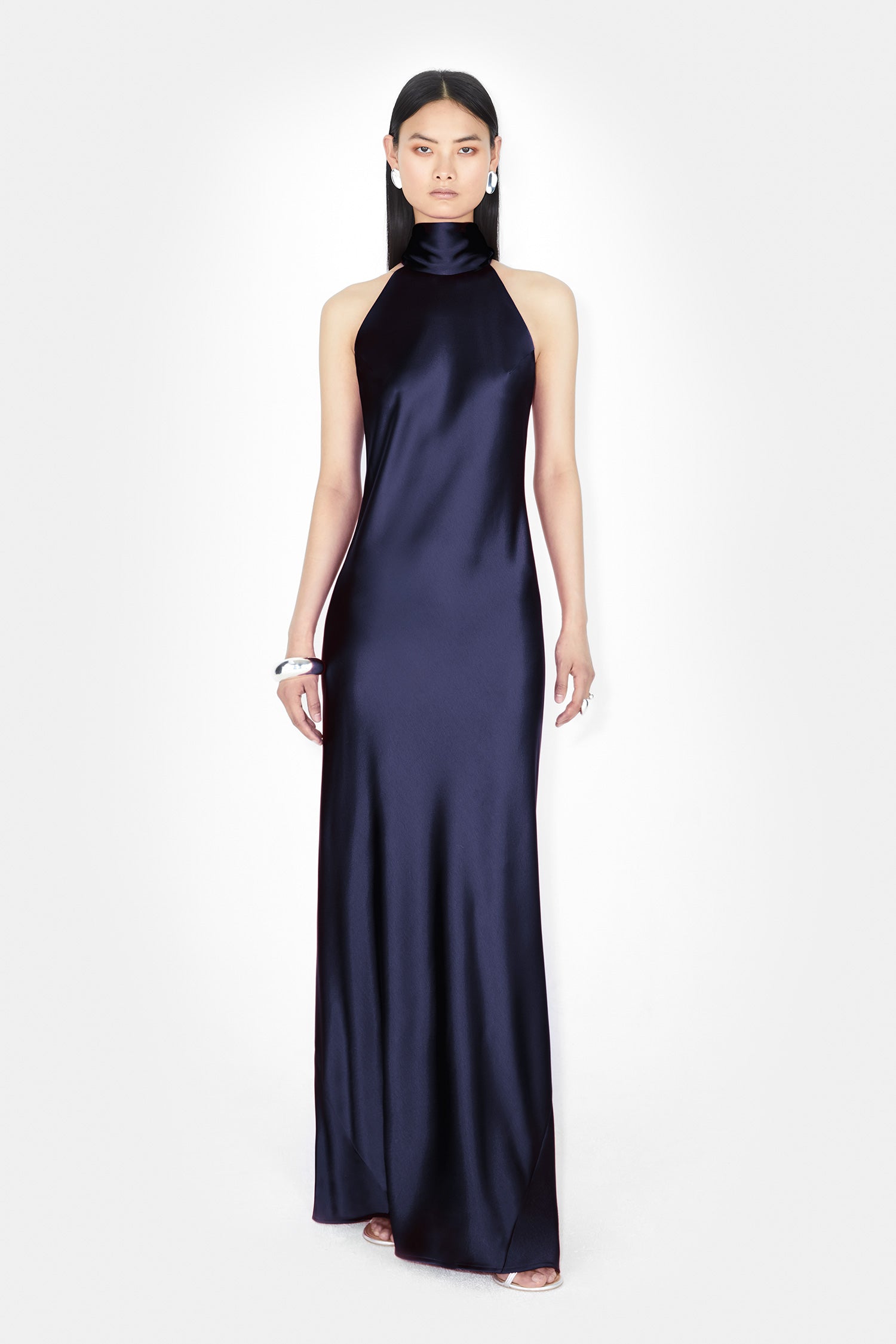 Designer Satin Midnight Halterneck Bias Cut Dress Luxury Eveningwear Dress Galvan London