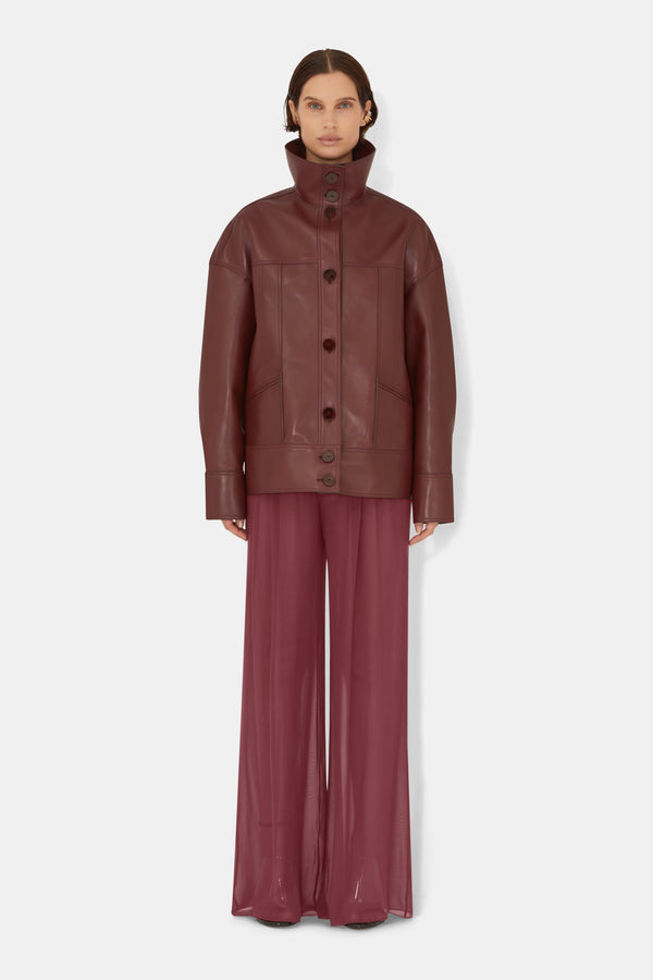 Leather Funnel Neck Jacket - Mahogany