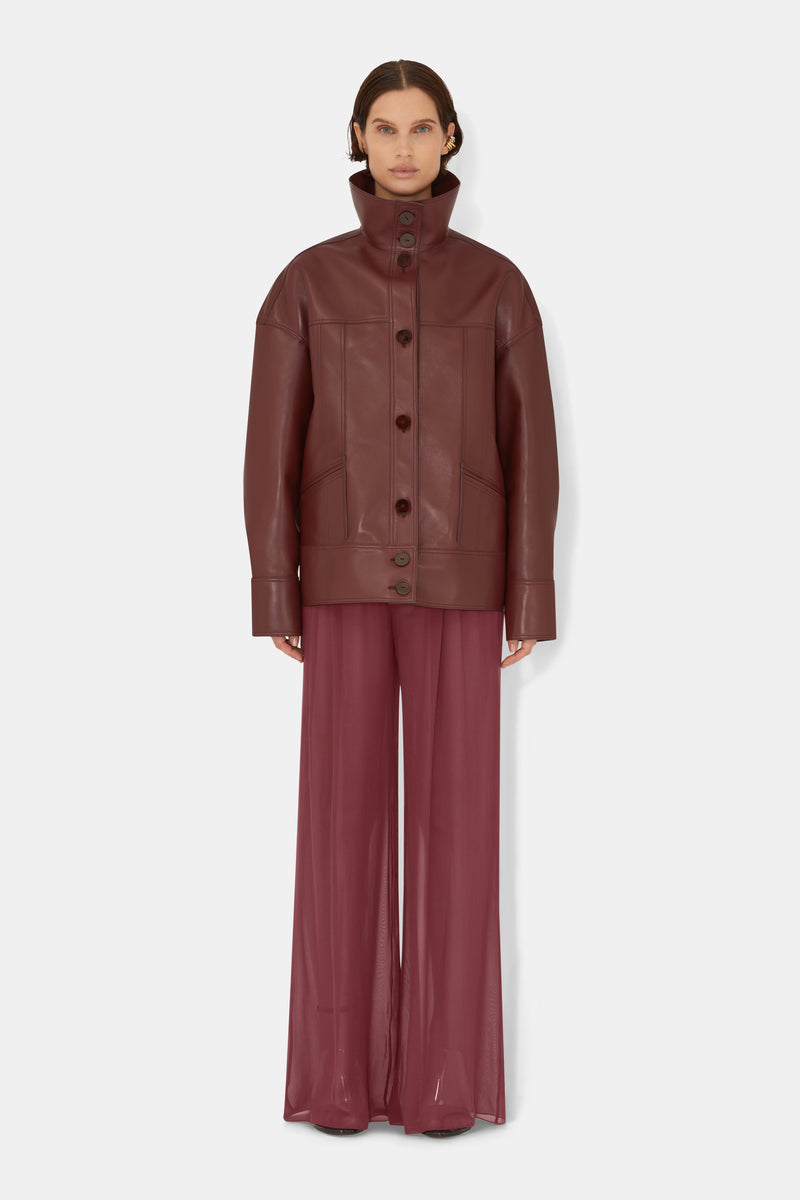 Leather Funnel Neck Jacket - Mahogany