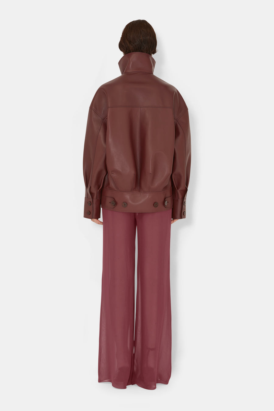 Leather Funnel Neck Jacket - Mahogany