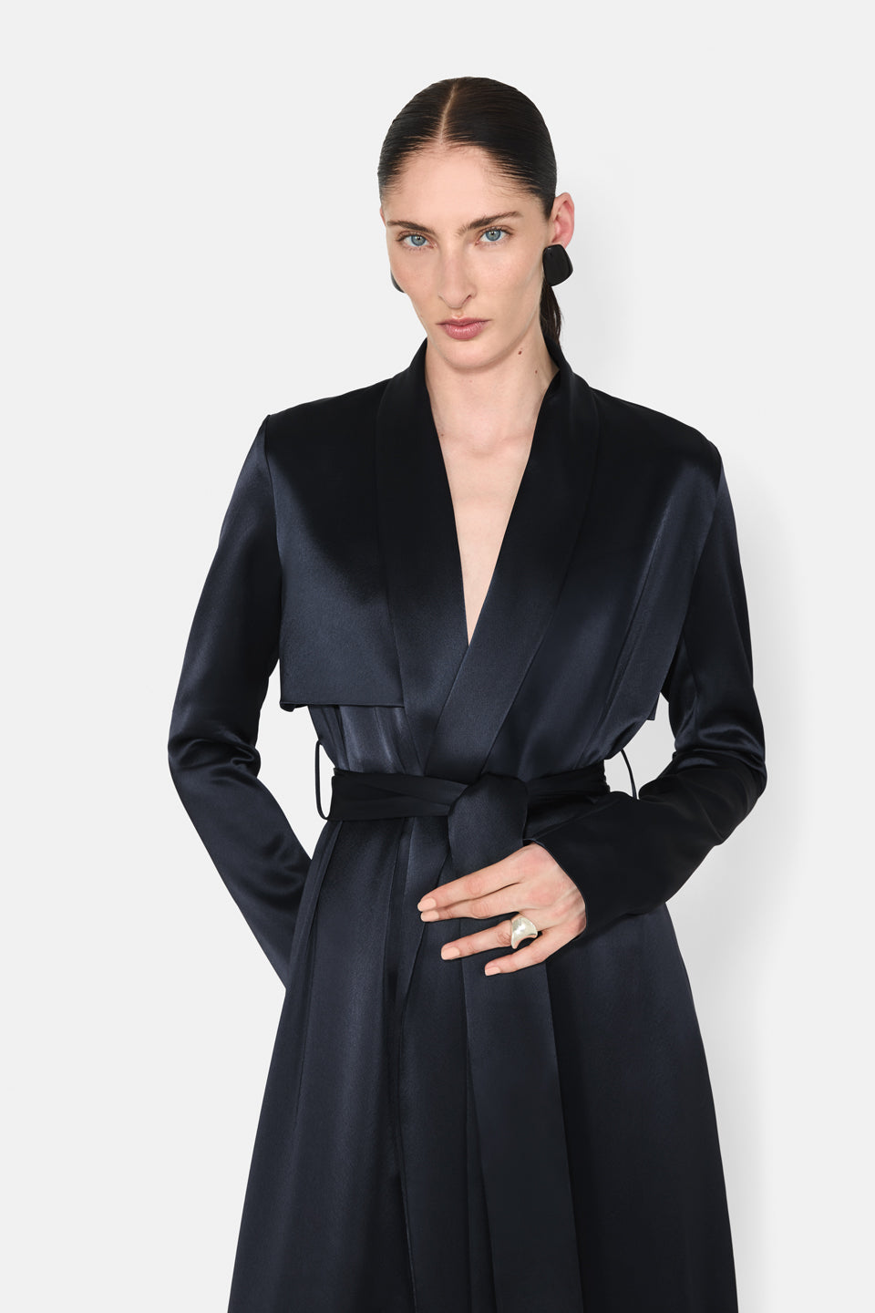Satin Trench Coat in Midnight | Galvan London UK