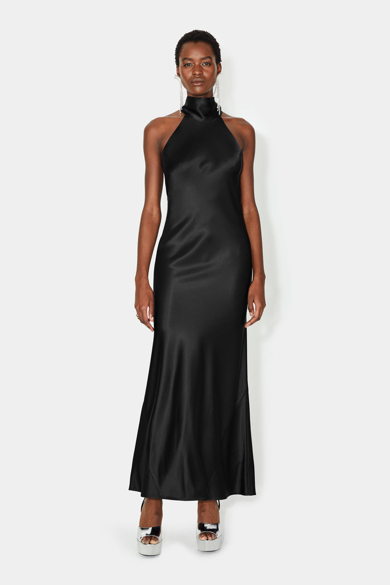 Designer Satin Black Halterneck Dress
