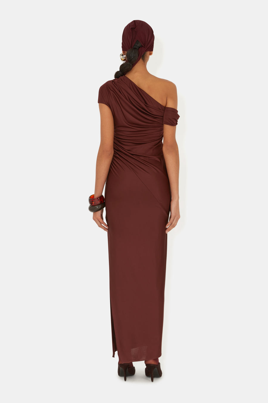 Cascading Off-The-Shoulder Dress - Mahogany