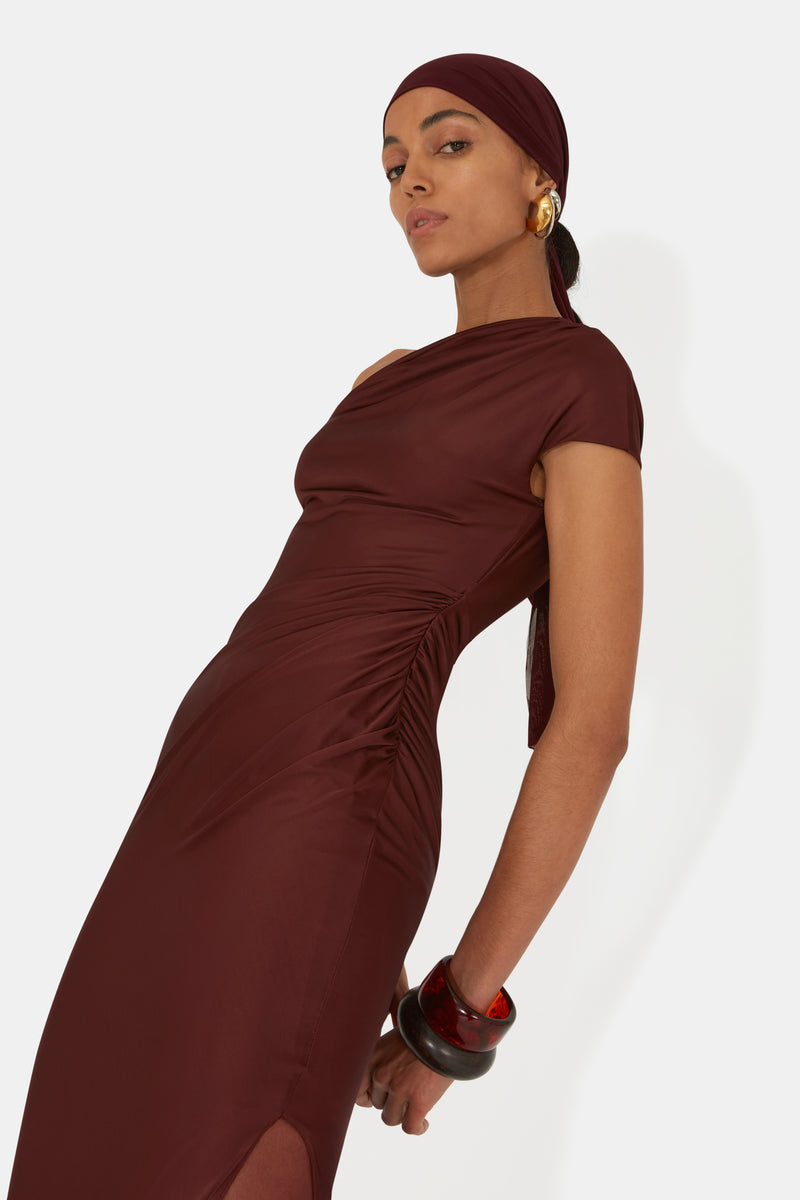 Cascading Off-The-Shoulder Dress - Mahogany