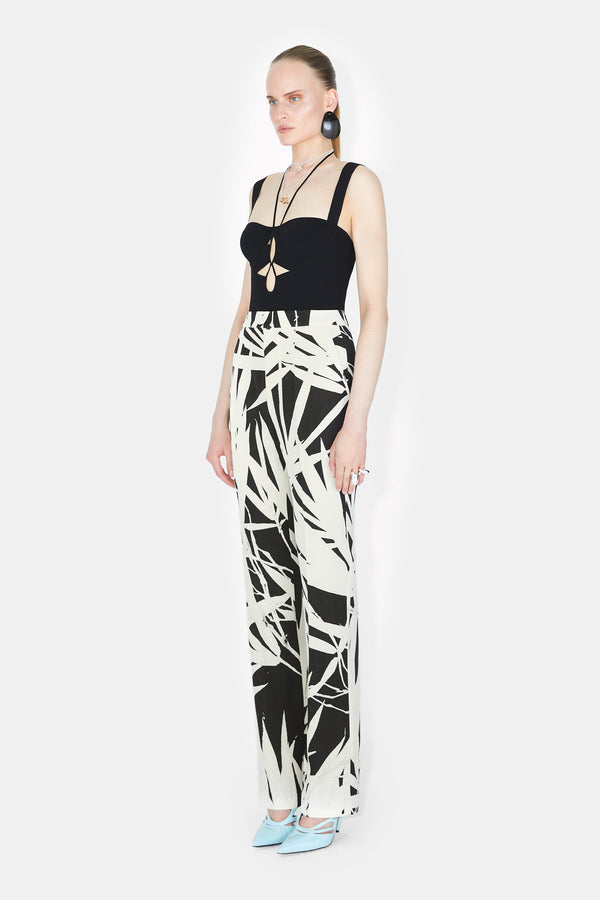 High Waisted Suit Trousers - Black Palm Print