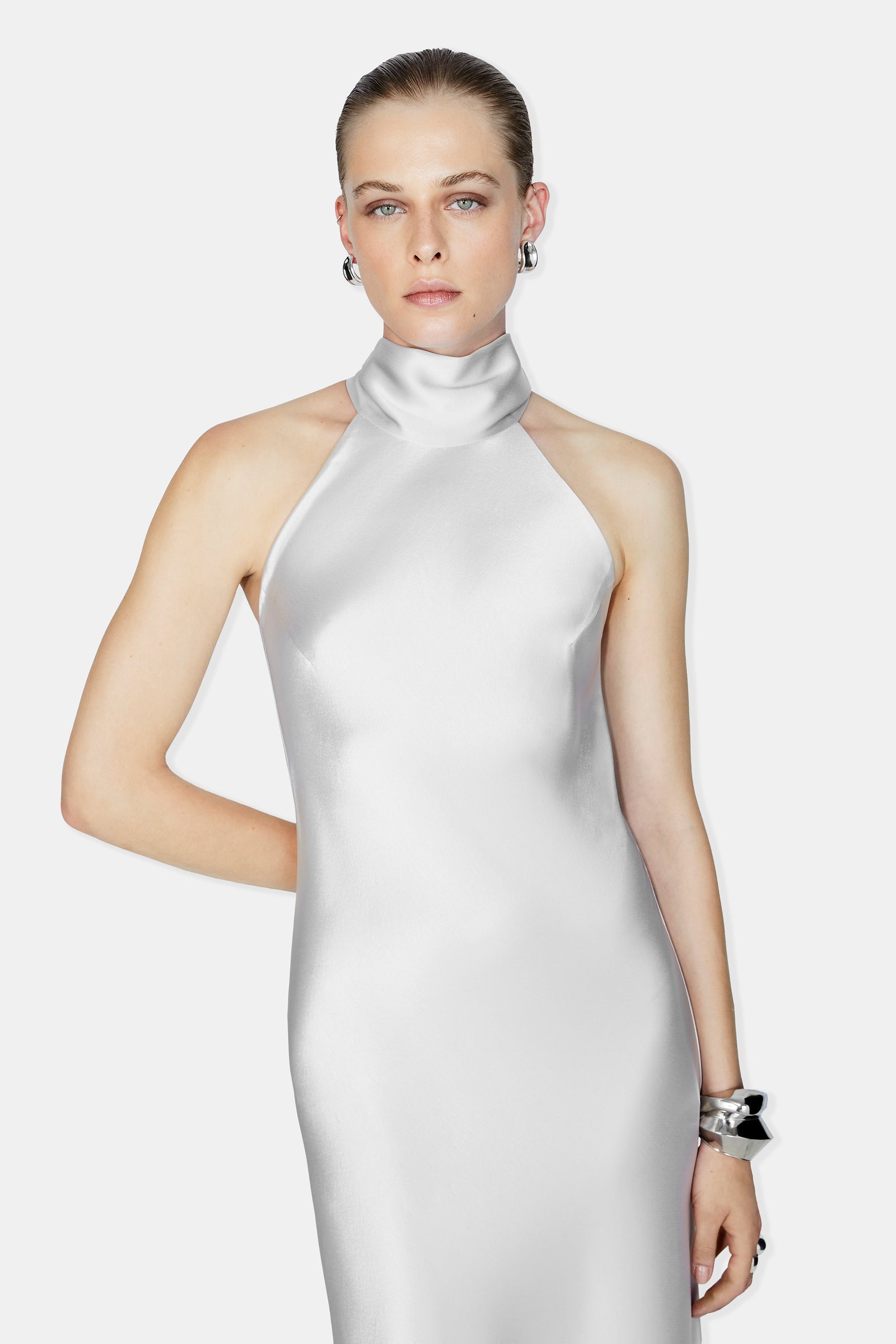 Luxury Designer Silk Halterneck Silver Dress | Luxury Eveningwear Dresses | Galvan  London – Galvan London UK