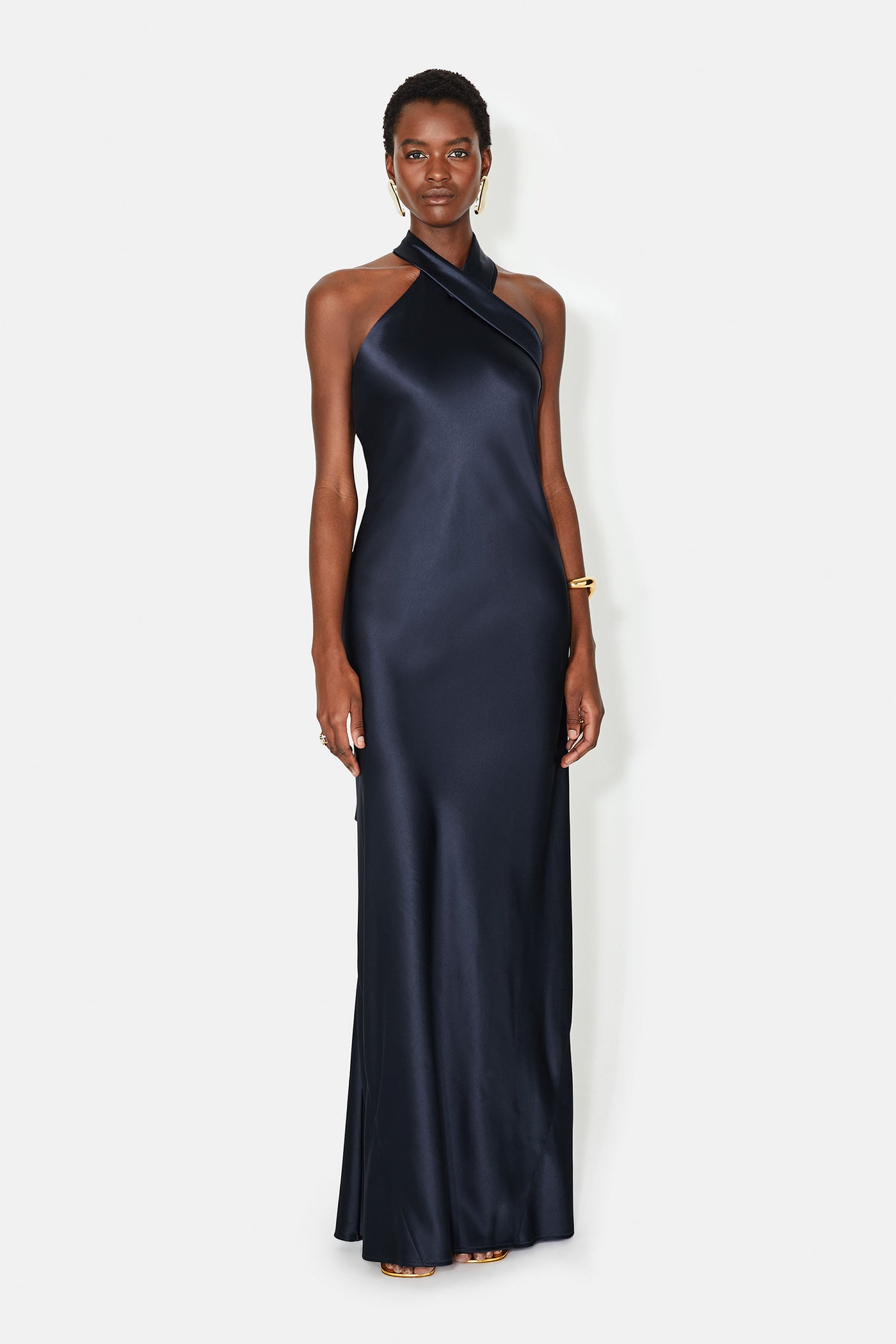Designer Asymmetrical Halter Neckline Midnight Blue Bias-Cut