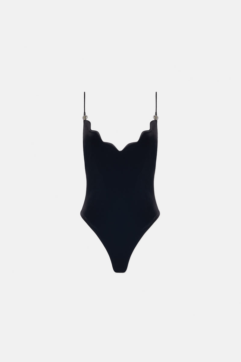 Pat Globe Velvet Bodysuit - Black