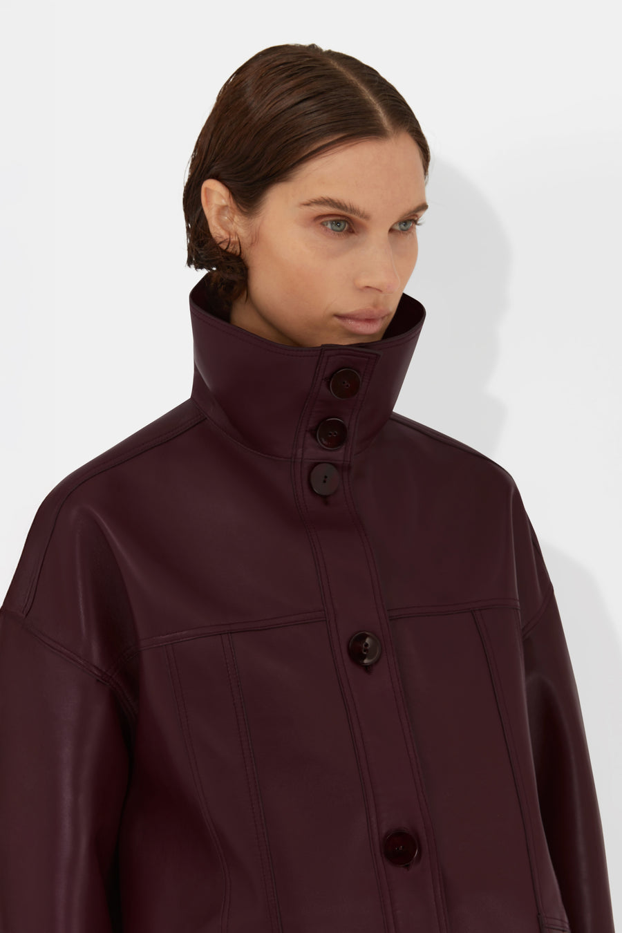 Leather Funnel Neck Jacket - Mahogany
